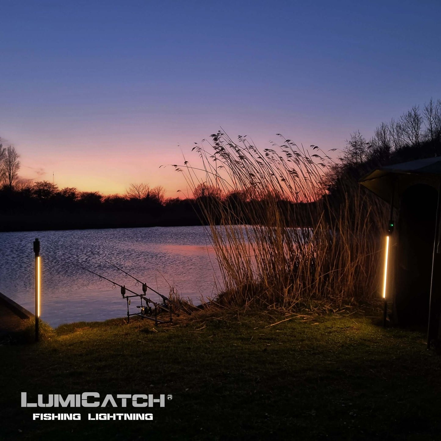 LumiCatch Support providing dimmable lighting for fishing at night by the water, enhancing visibility and safety.
