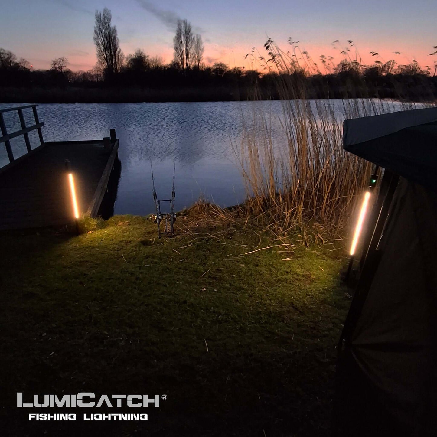 LumiCatch Support illuminating a fishing area at dusk, enhancing visibility and safety for night fishing.